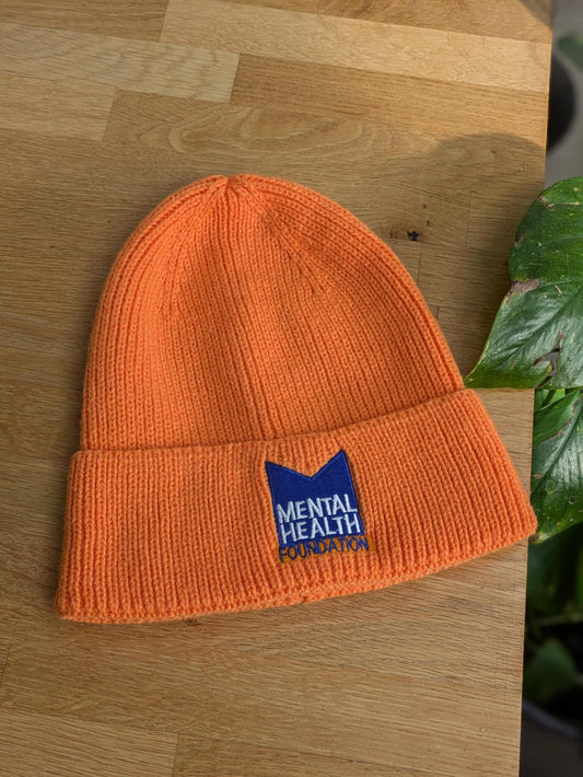Front view of the beanie hat showing MHF logo